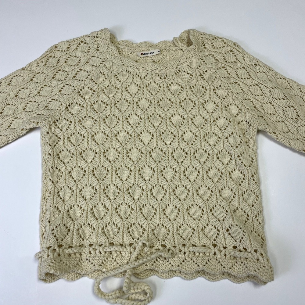 Marine Layer Cream Pointelle Knit Drawstring Sweater XS Diamond Open Knit Boho - Picture 8 of 14